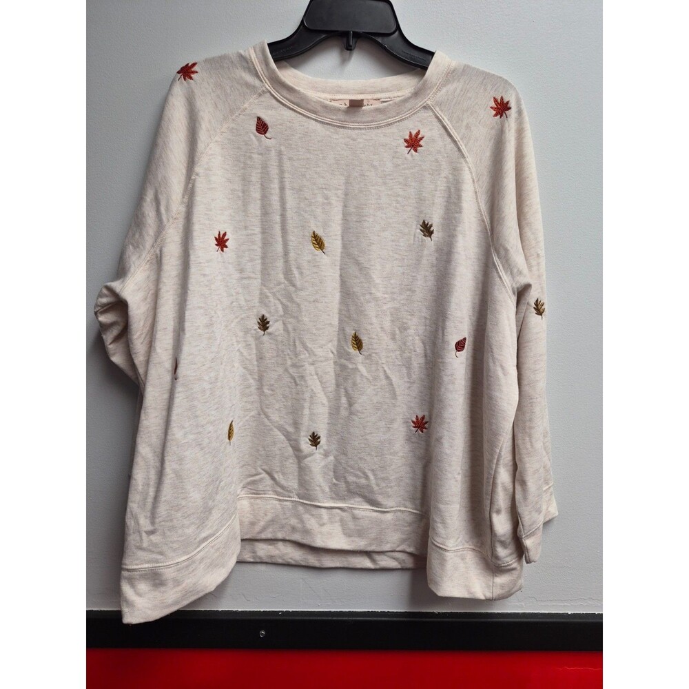 Philosophy Womens 2X Crewneck Sweatshirt Beige Autumn Leaves Embroidered Lounge